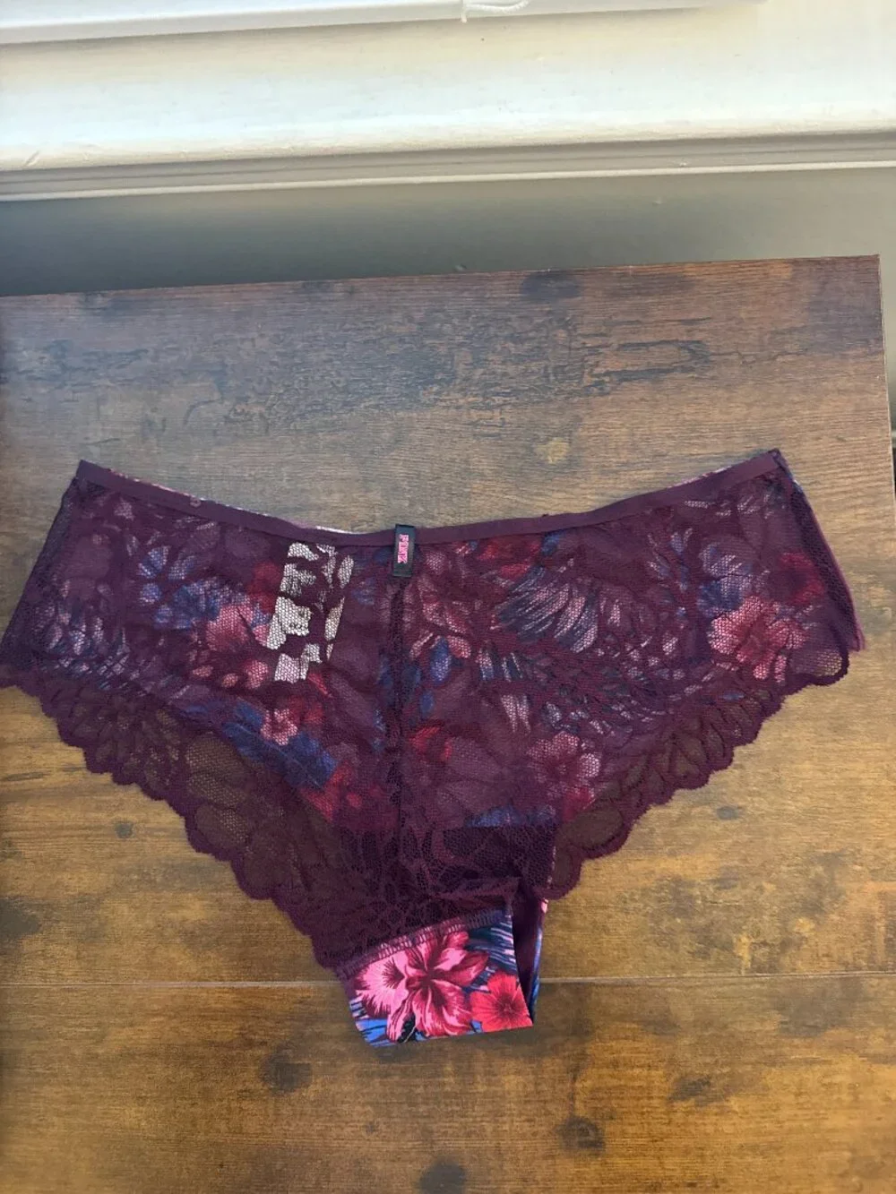 PINK Victoria's Secret Burgundy Floral Lace Hipster Panty